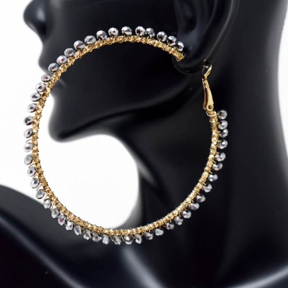 Thin Wired Hematite Gray Crystal Beads Earrings